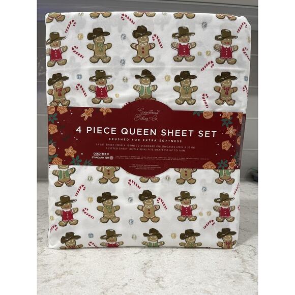 COWBOY GINGERBREAD COOKIE MAN Christmas SHEETS Snowy Holiday Queen Sheet Set NEW - Picture 1 of 4